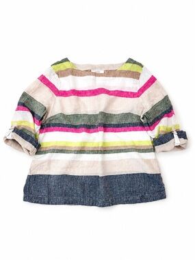 100% Linen Charter Club Luxury Striped Roll Up Sleeve Top XL Coastal